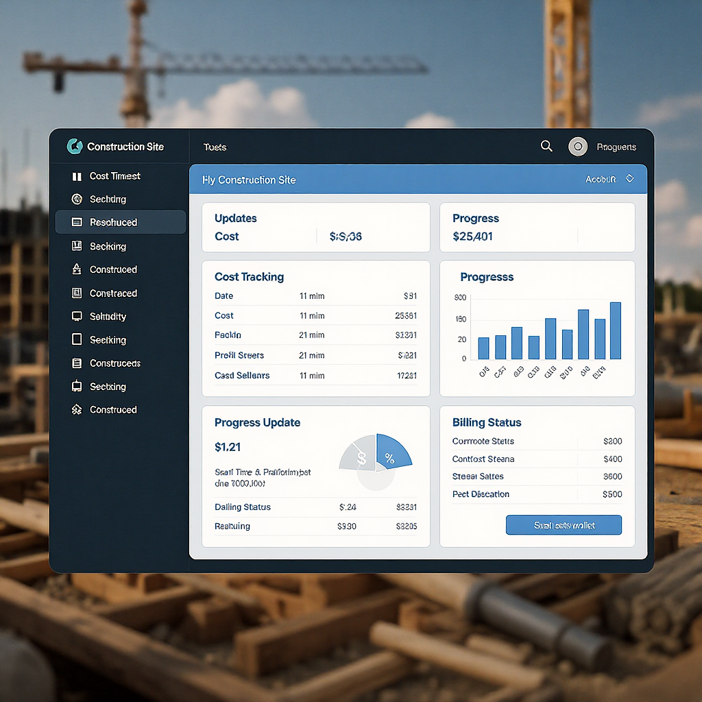 A detailed dashboard interface showing real-time data for multiple construction sites, with charts for cost tracking, pr...