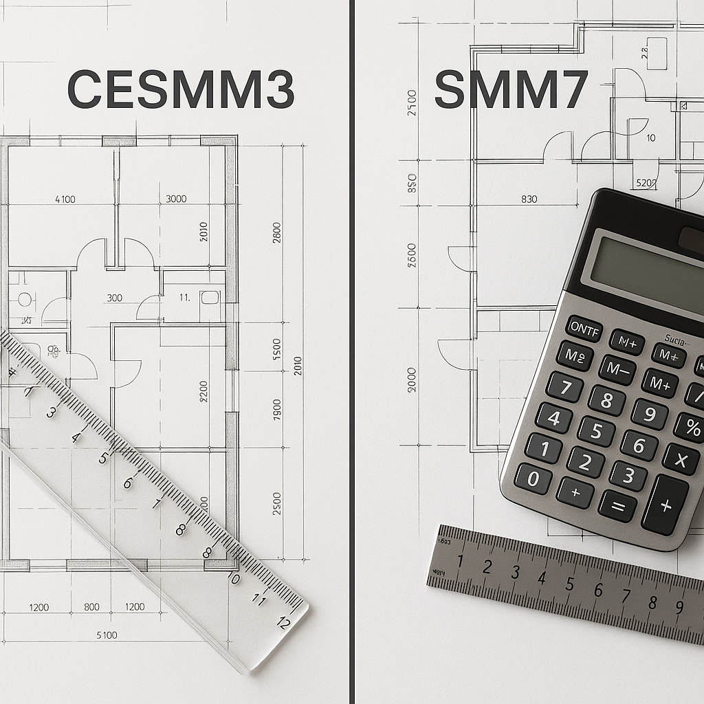 A split-screen image showing two construction blueprints side by side, labeled CESMM3 and SMM7, with overlayed measureme...