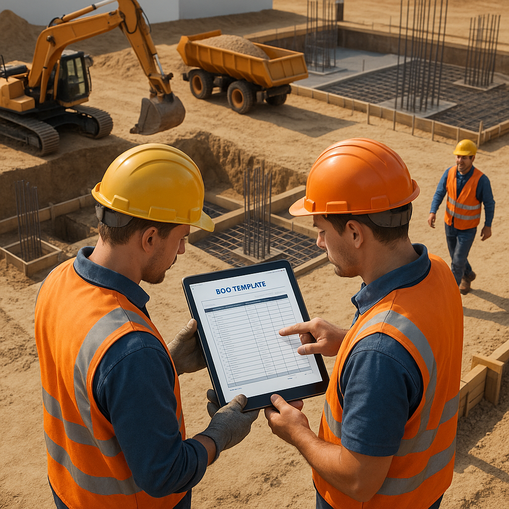 A detailed 3D rendering of a construction site with workers reviewing a BOQ template on a tablet, surrounded by excavati...