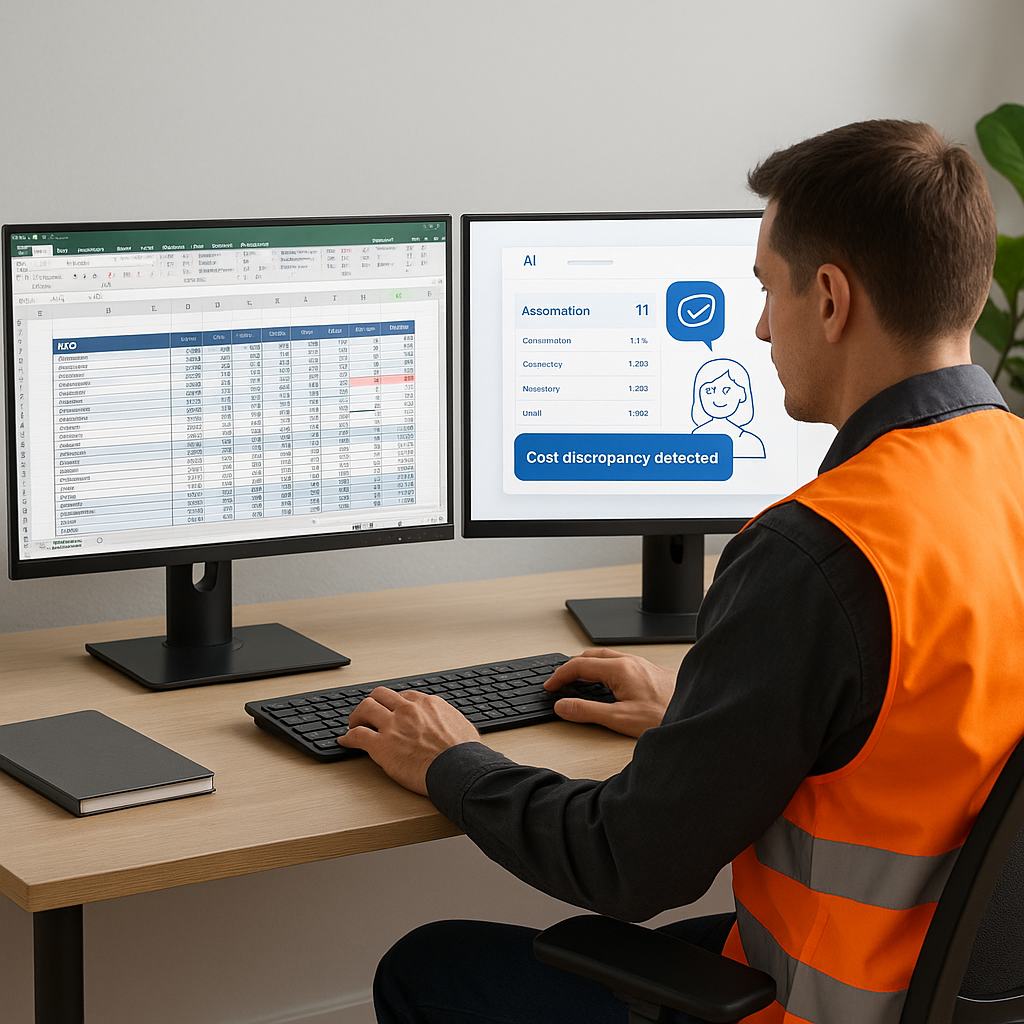 A construction estimator at a desk with dual monitors, one showing a complex BOQ spreadsheet and the other an AI-powered...