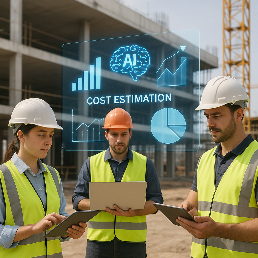 A construction site with workers using tablets and laptops, while an AI hologram displays cost estimation charts and gra...