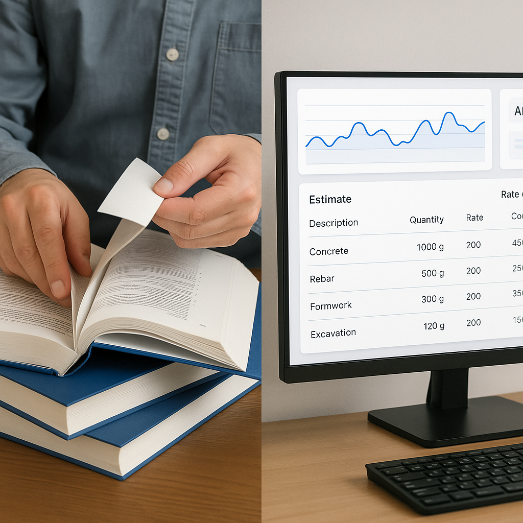 A split-screen image showing a construction estimator manually flipping through rate books on the left and an AI-powered...