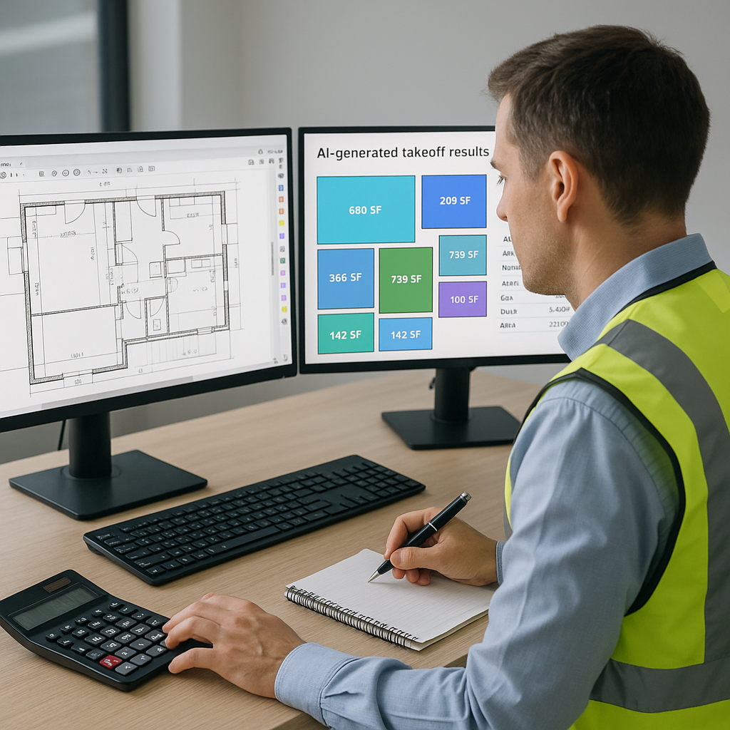 A construction estimator working at a desk with a PDF drawing on one screen and AI-generated takeoff results on another,...