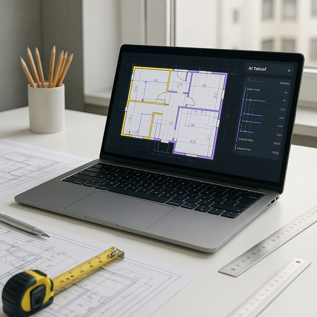 A construction estimator's workstation with a laptop screen showing an AI-powered takeoff tool in action, alongside phys...