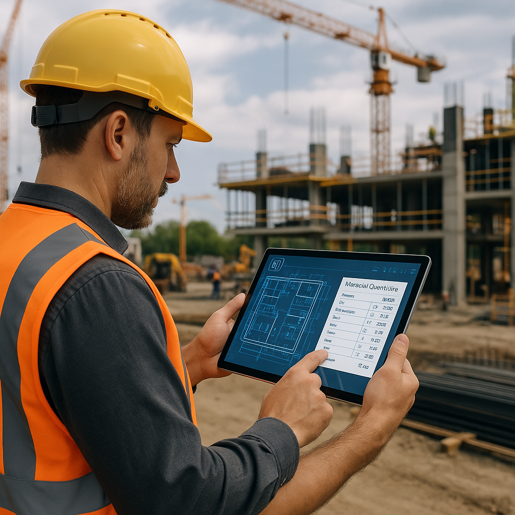 A construction estimator using AI-powered software on a tablet, with a digital blueprint and material quantities display...