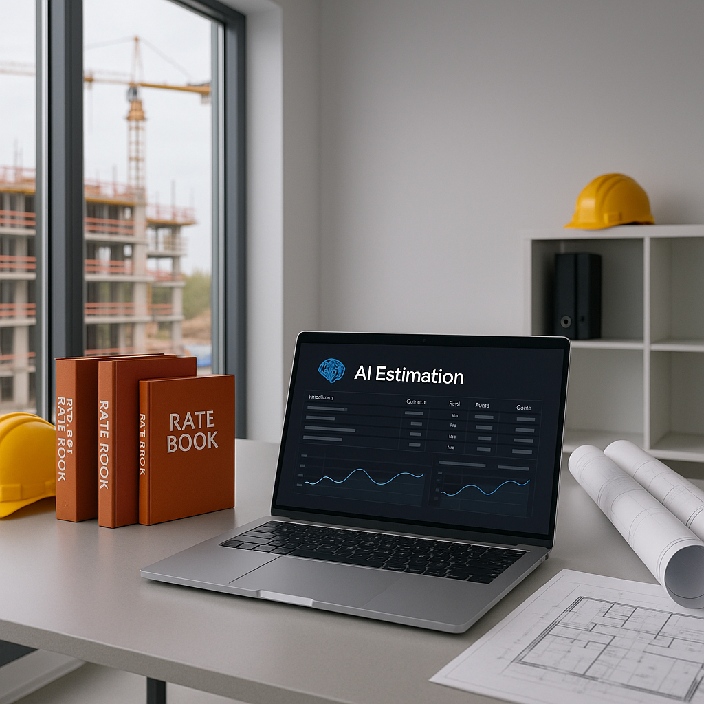 A modern construction site office with a desk showing a laptop running an AI-powered estimation tool, surrounded by phys...