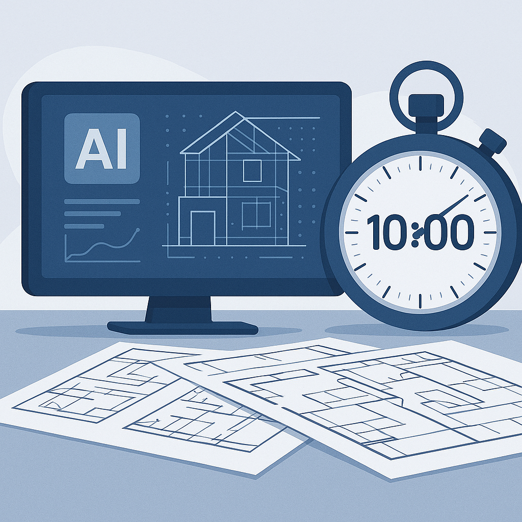 A digital illustration of an AI interface analyzing architectural drawings, with a stopwatch showing '10:00' and constru...