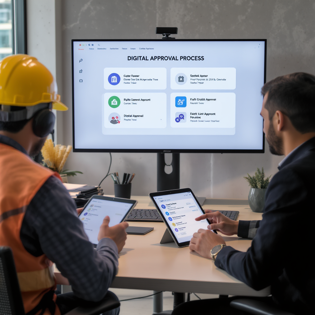 A construction site office with workers using tablets and laptops, showing a digital approval process on screens. Modern...