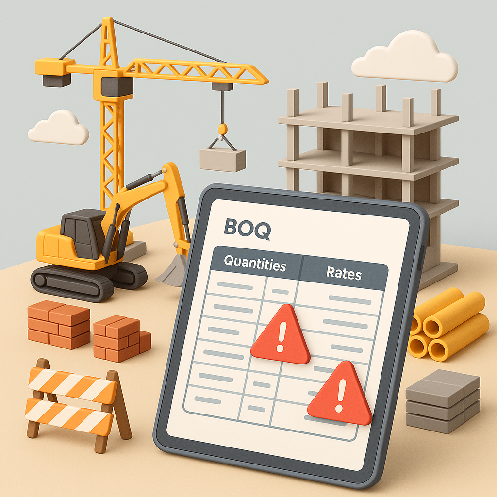 A detailed 3D illustration of a construction site with a digital BOQ on a tablet, showing quantities and rates, overlaid...