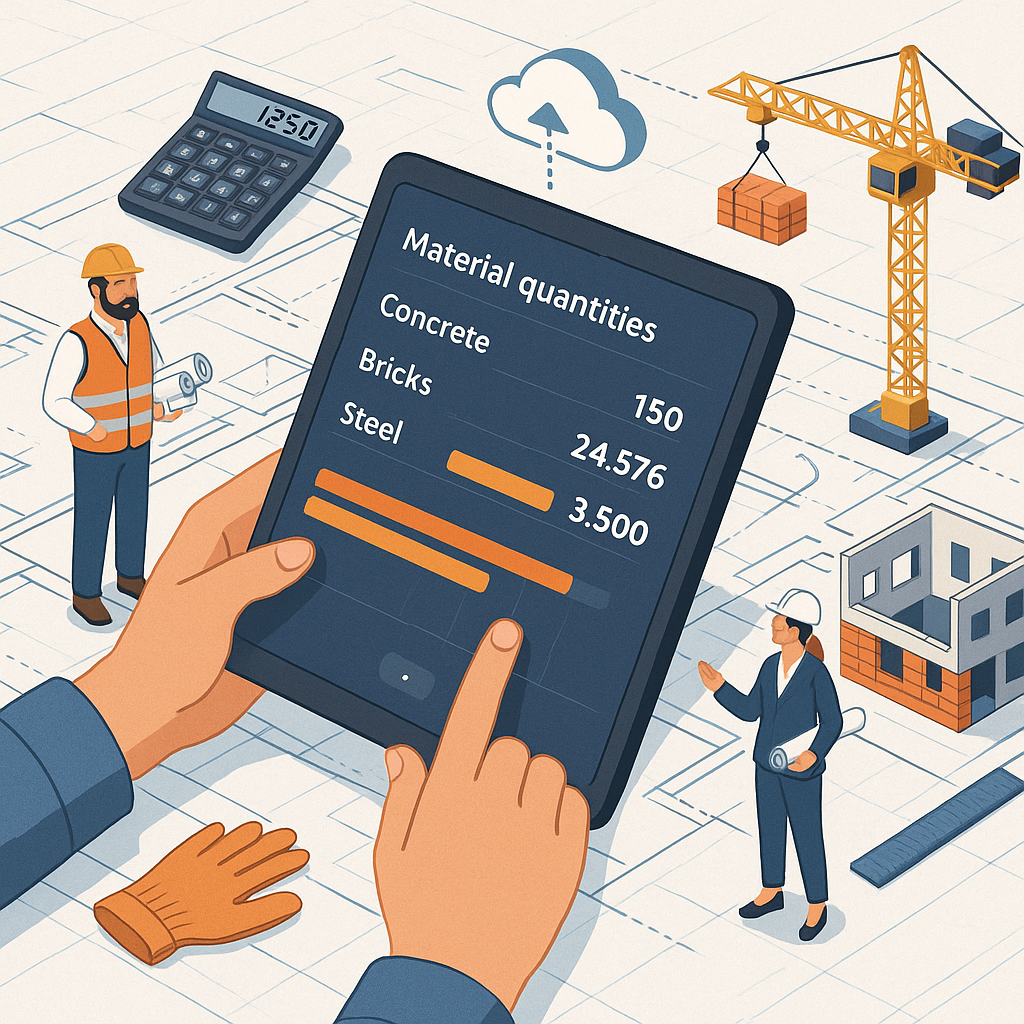 A detailed illustration of a construction site blueprint with overlaid digital tools, showing material quantities being...