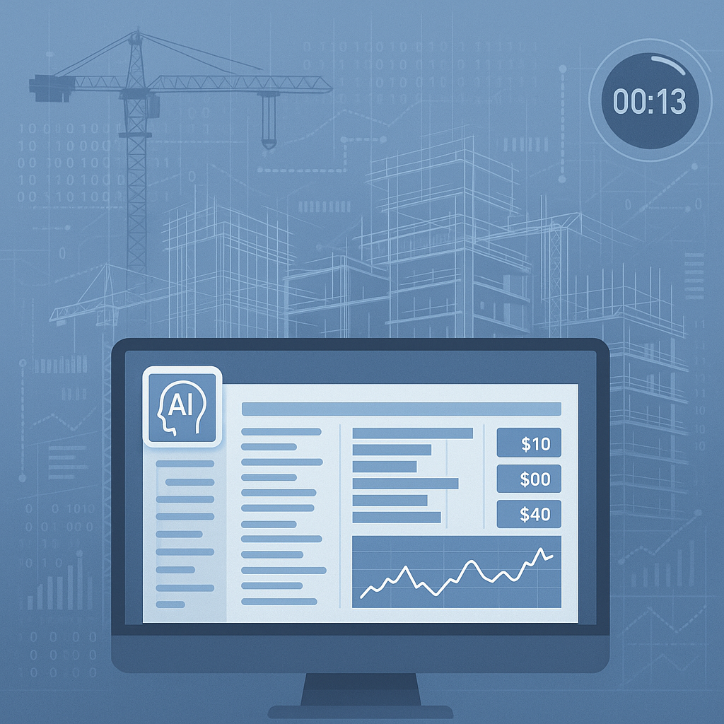 An AI-powered interface analyzing construction rate catalogs, with a construction site blueprint in the background, digi...