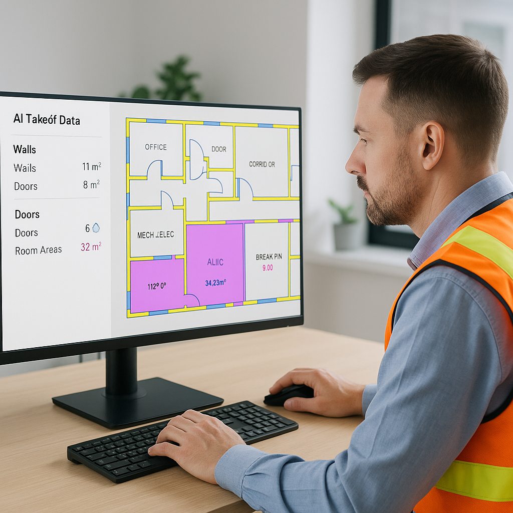 A construction estimator reviewing a computer screen showing AI-generated takeoff data from a complex PDF drawing with h...