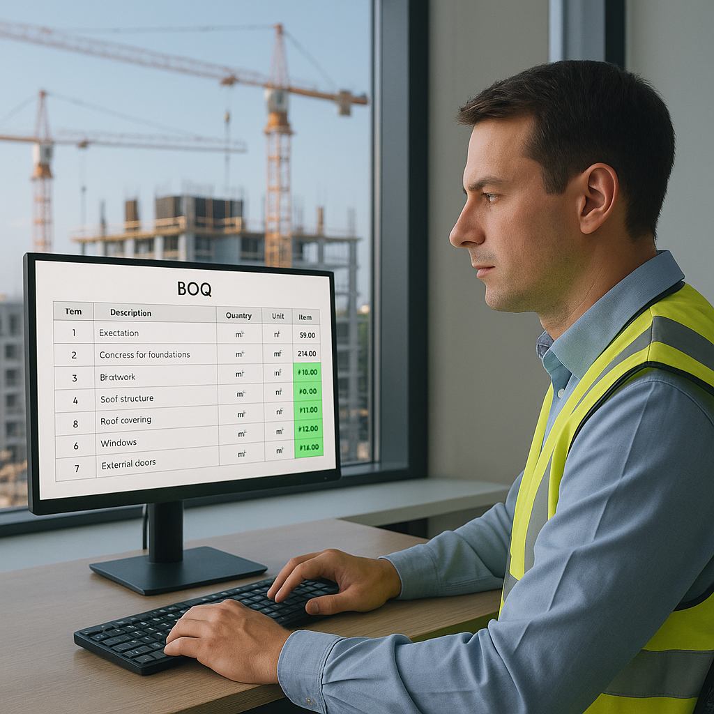 A construction estimator in front of a computer screen displaying a digital BOQ with AI-powered rate matches highlighted...