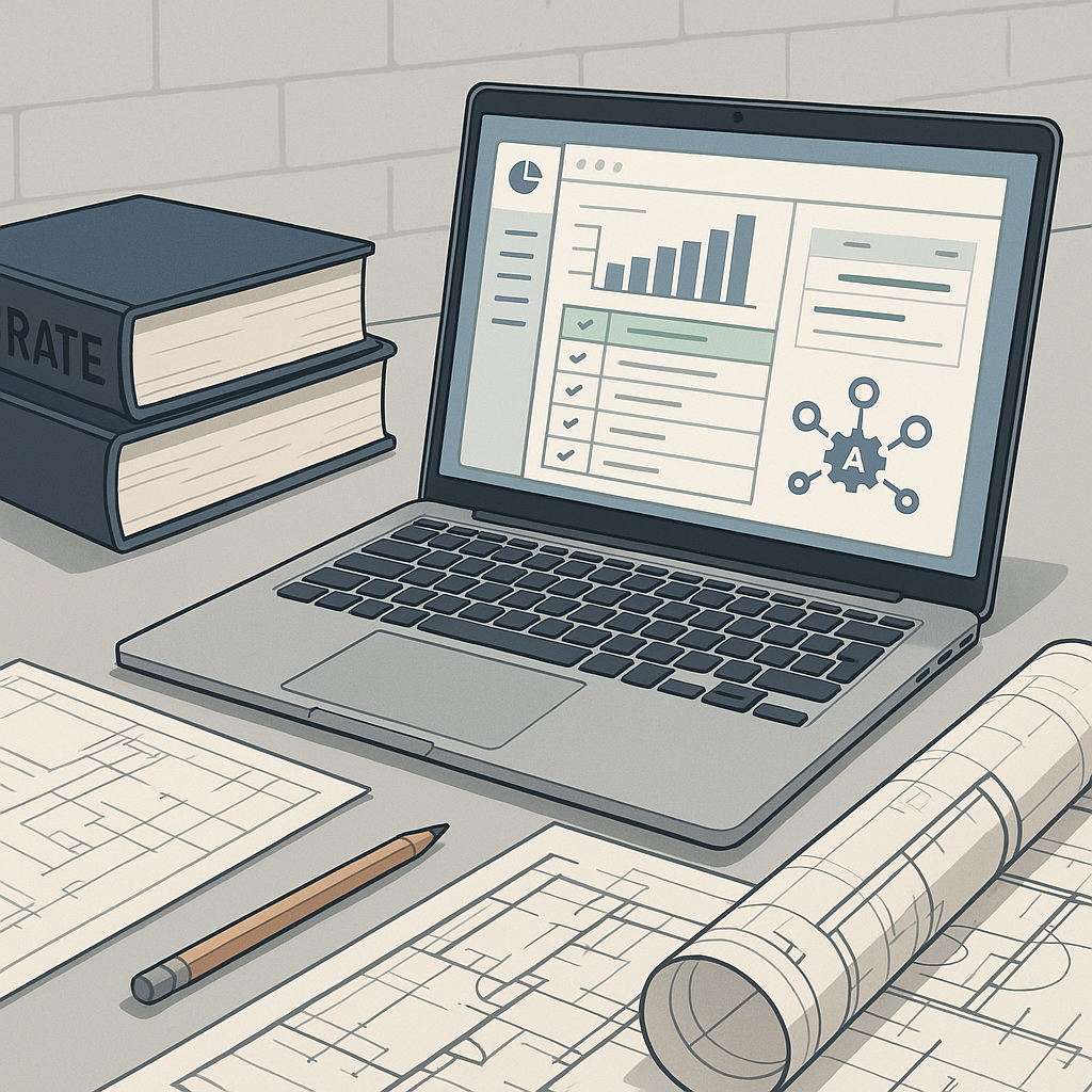 A detailed illustration of a construction estimator’s desk, showing a laptop with an AI-powered estimation software inte...