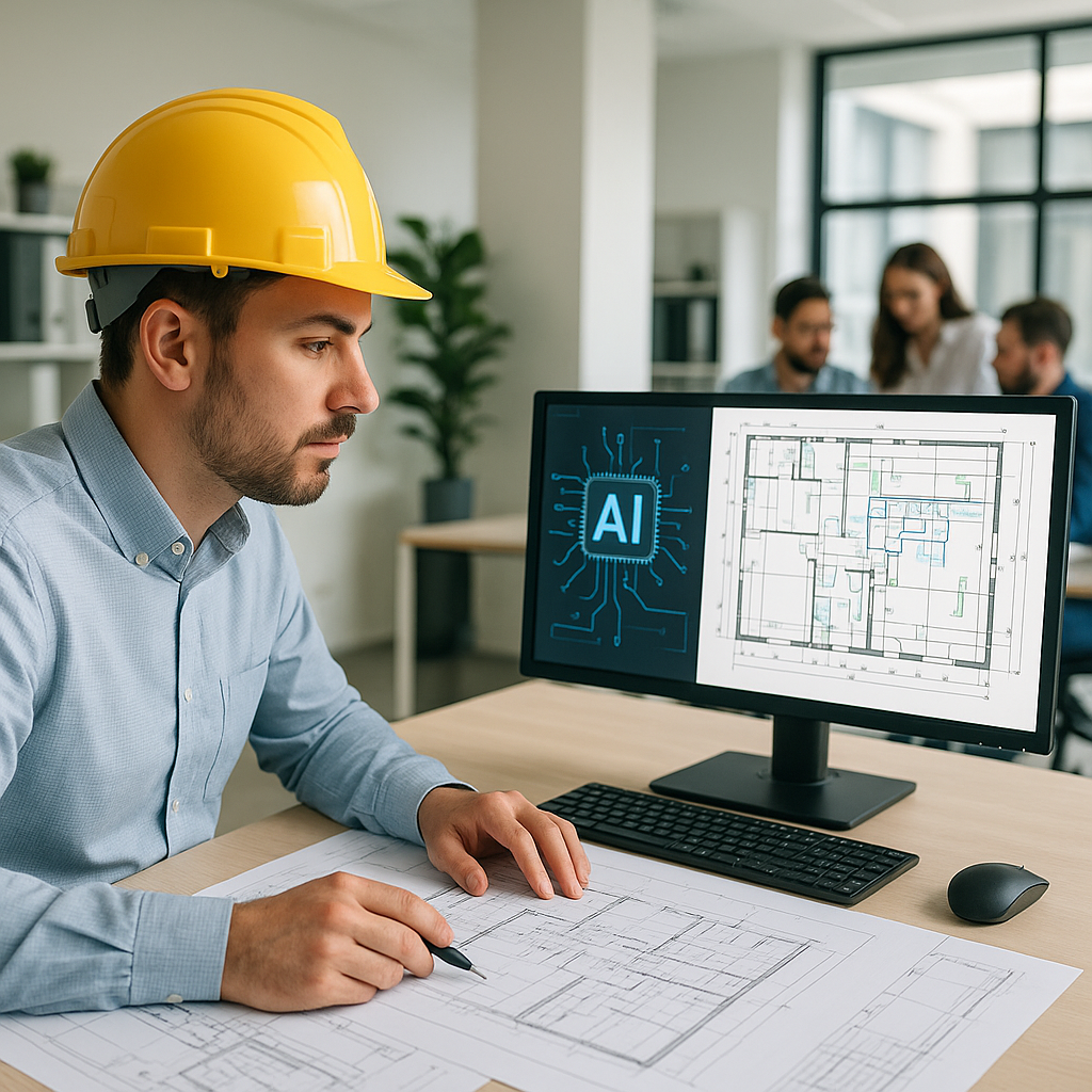 A construction estimator at a desk with blueprints and a computer screen showing AI-powered software analyzing a drawing...