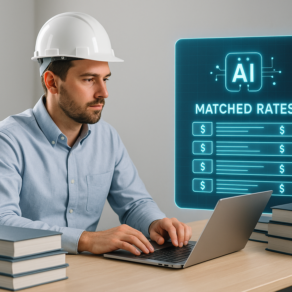 A construction estimator at a desk with a laptop, surrounded by stacks of rate books, contrasted with a glowing AI inter...