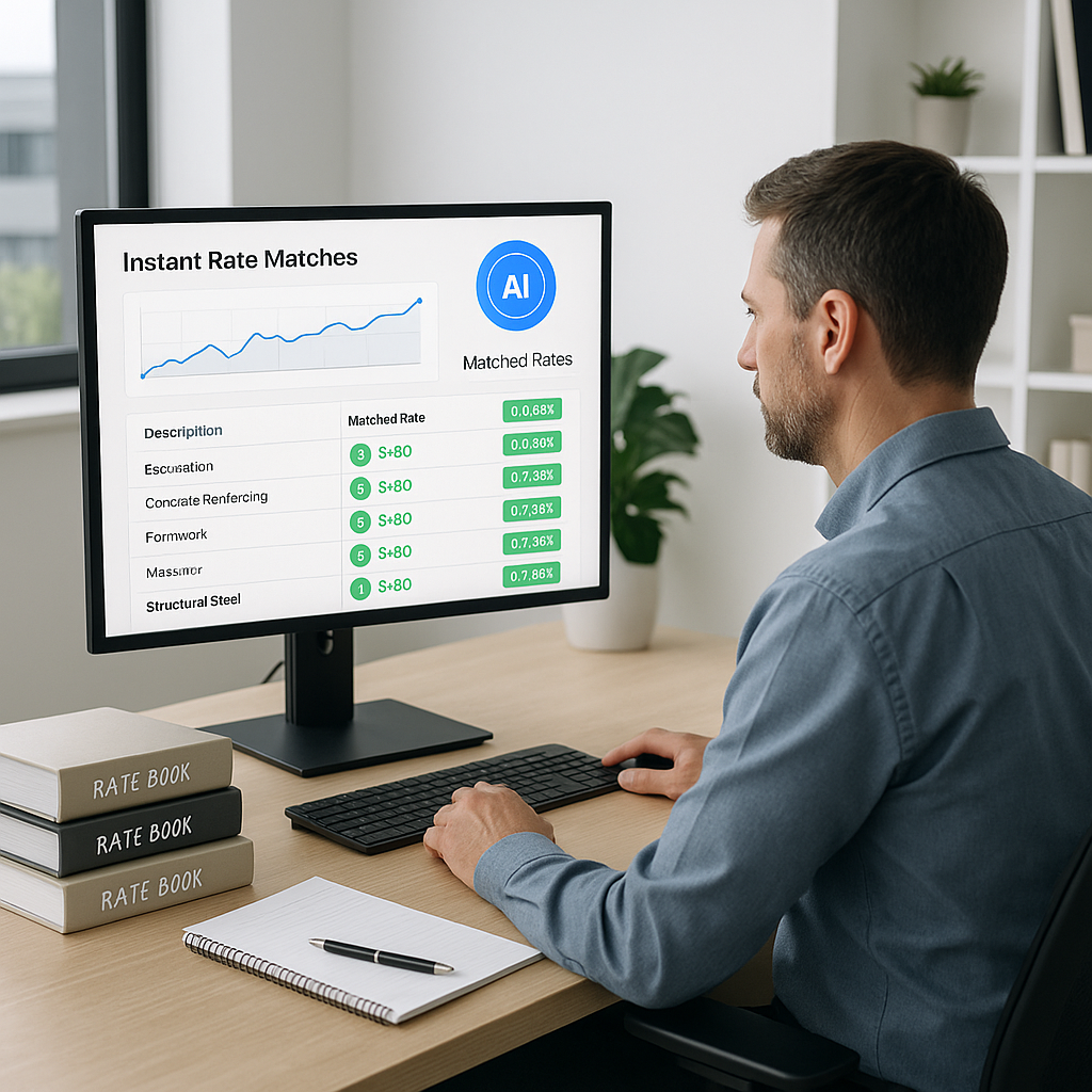 A construction estimator at a desk, surrounded by rate books, looking at an AI-powered dashboard with instant rate match...