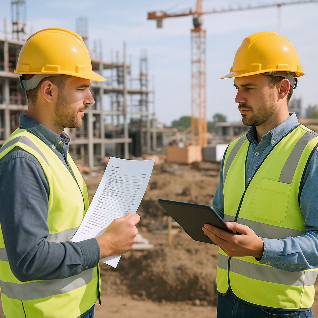 A construction site with workers holding paper forms in one hand and a tablet in the other, illustrating the shift from...