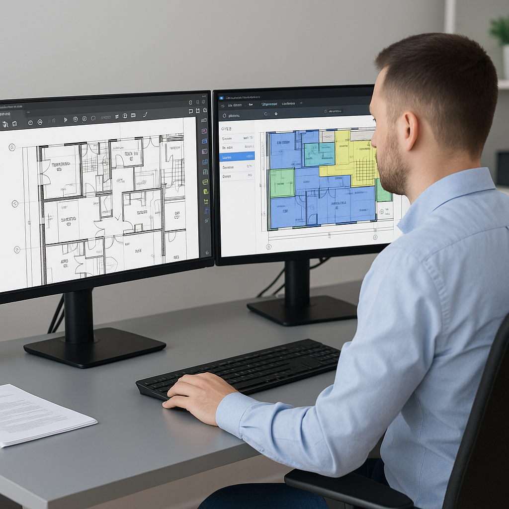 A realistic image of a construction estimator at a desk using dual monitors, one showing a PDF drawing and the other dis...