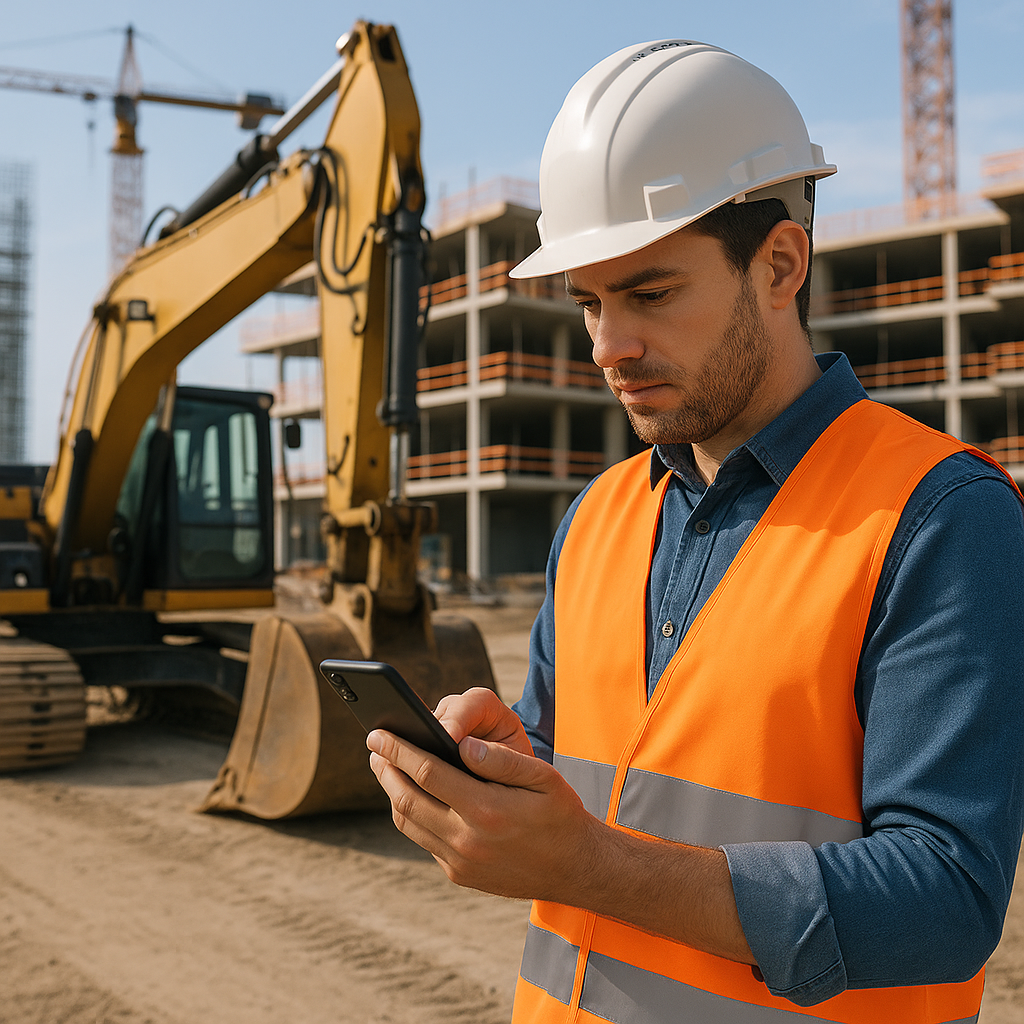 A construction site with a contractor using a smartphone app to log site details while standing next to machinery, empha...