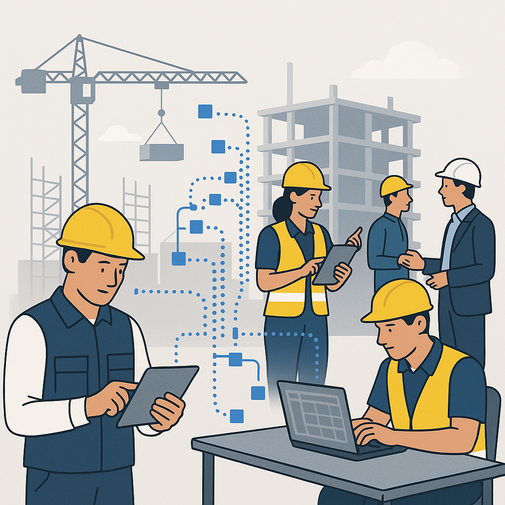 An illustration showing a construction site with workers and subcontractors, where data flows visually from tablets and...