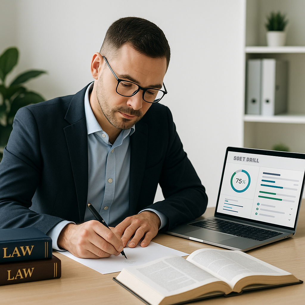 A mid-career professional sitting at a desk, drafting an essay with legal textbooks and a laptop displaying an SQE1 dril...