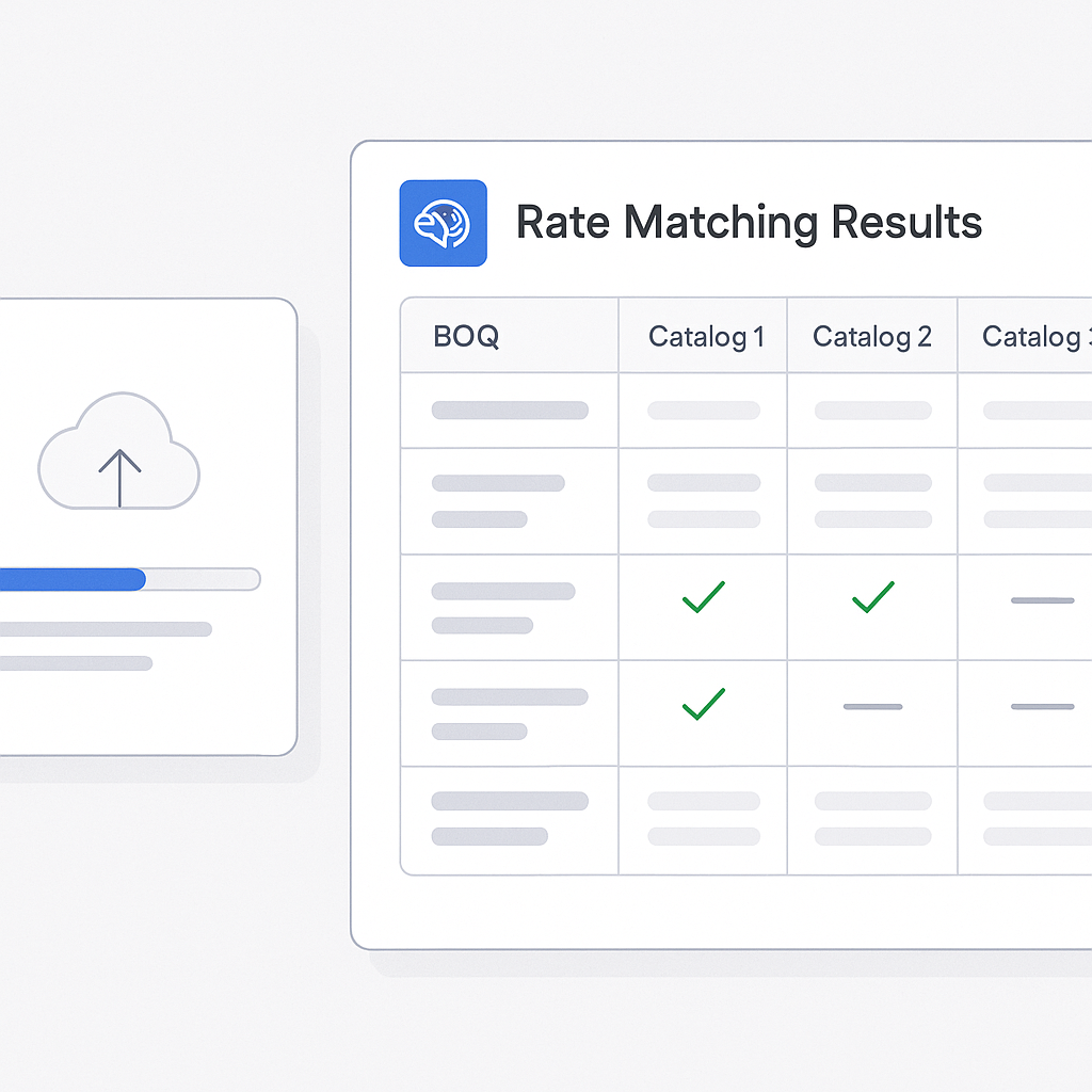 An AI-powered construction estimation tool interface showing rate matching results across multiple catalogs, with a digi...