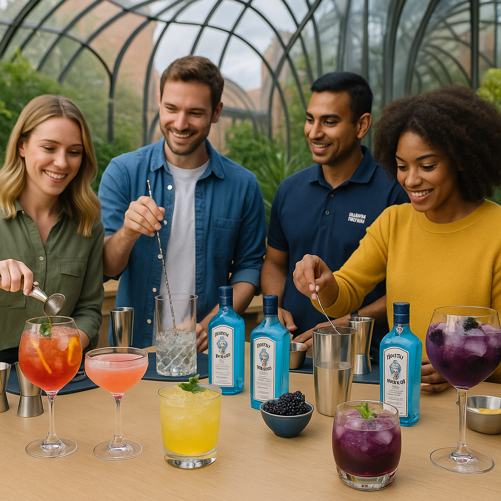 A vibrant gin cocktail workshop at the Bombay Sapphire Distillery, featuring colorful drinks, attendees engaged in cockt...