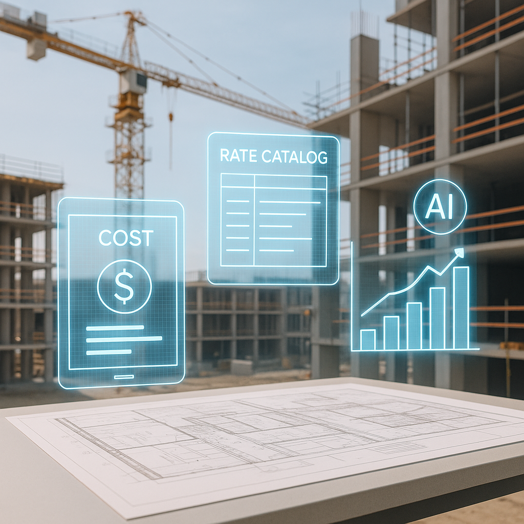 A modern construction site with digital holograms of cost data, rate catalogs, and AI analysis floating above blueprints...