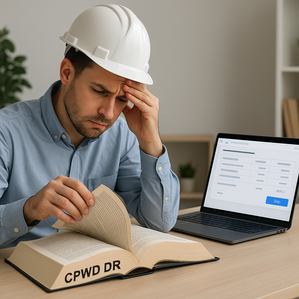 A stressed construction estimator flipping through a 2,000-page CPWD DSR book, with a laptop displaying an AI-powered es...