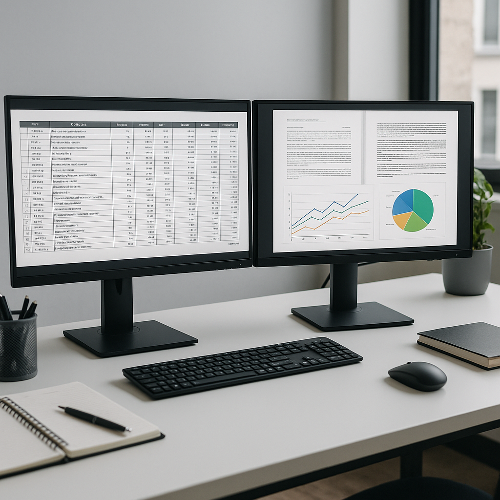 An AI-generated image of a modern construction estimator's desk: dual monitors displaying a BOQ spreadsheet and CPWD DSR...