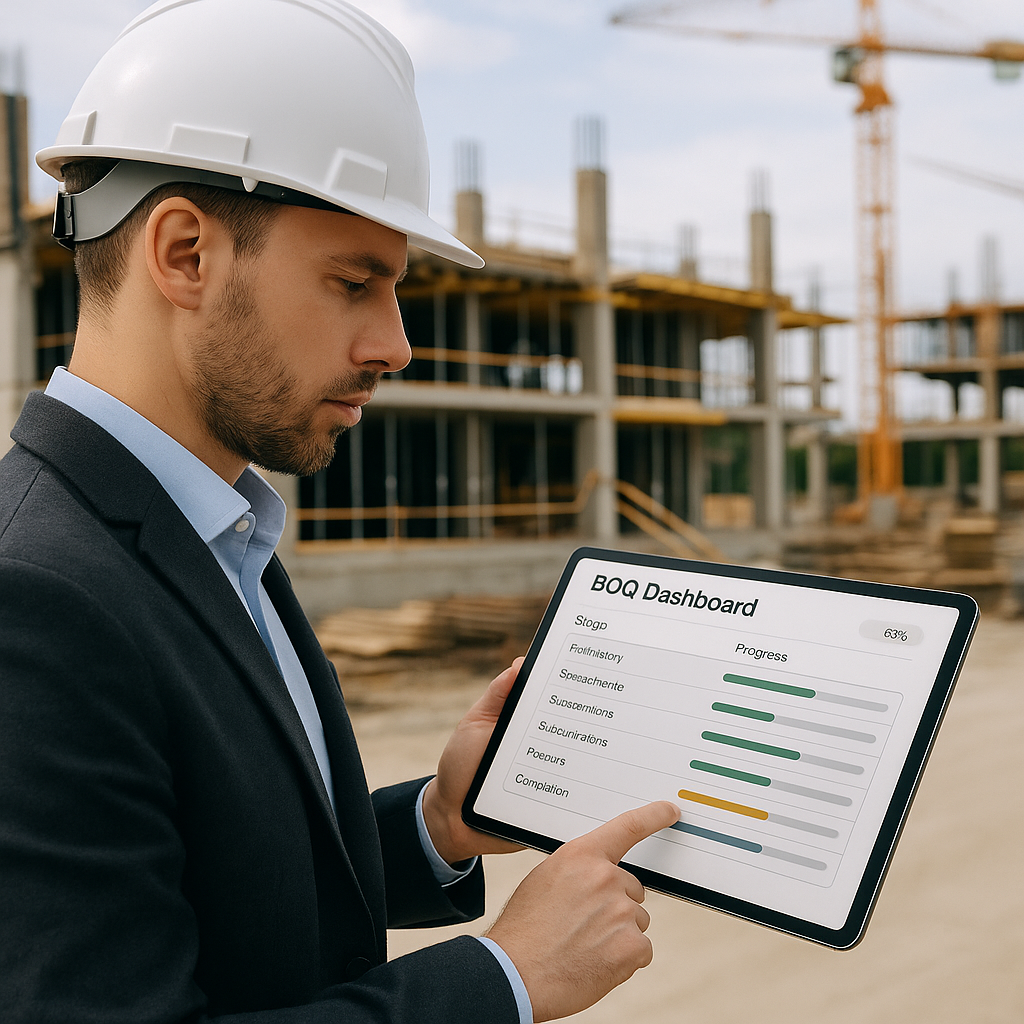 A construction project manager reviewing a digital BOQ dashboard with stages and progress tracking on a tablet, with a c...