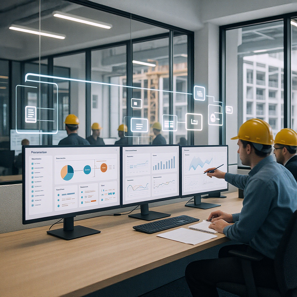 A modern construction site office with visible monitors showing procurement workflows and dashboards, workers reviewing...