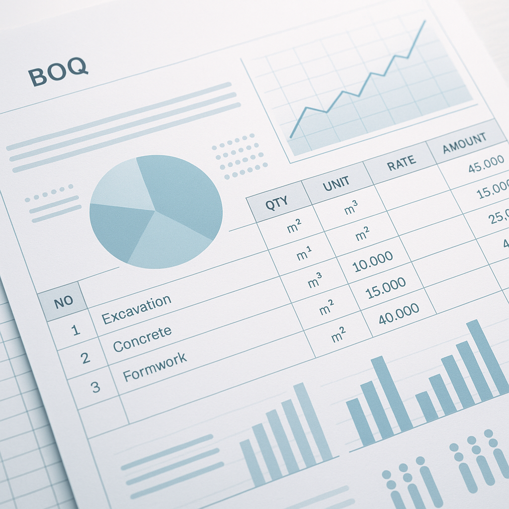 Close-up of a construction BOQ document overlaid with AI-generated graphs and data visualizations, showing cost estimati...
