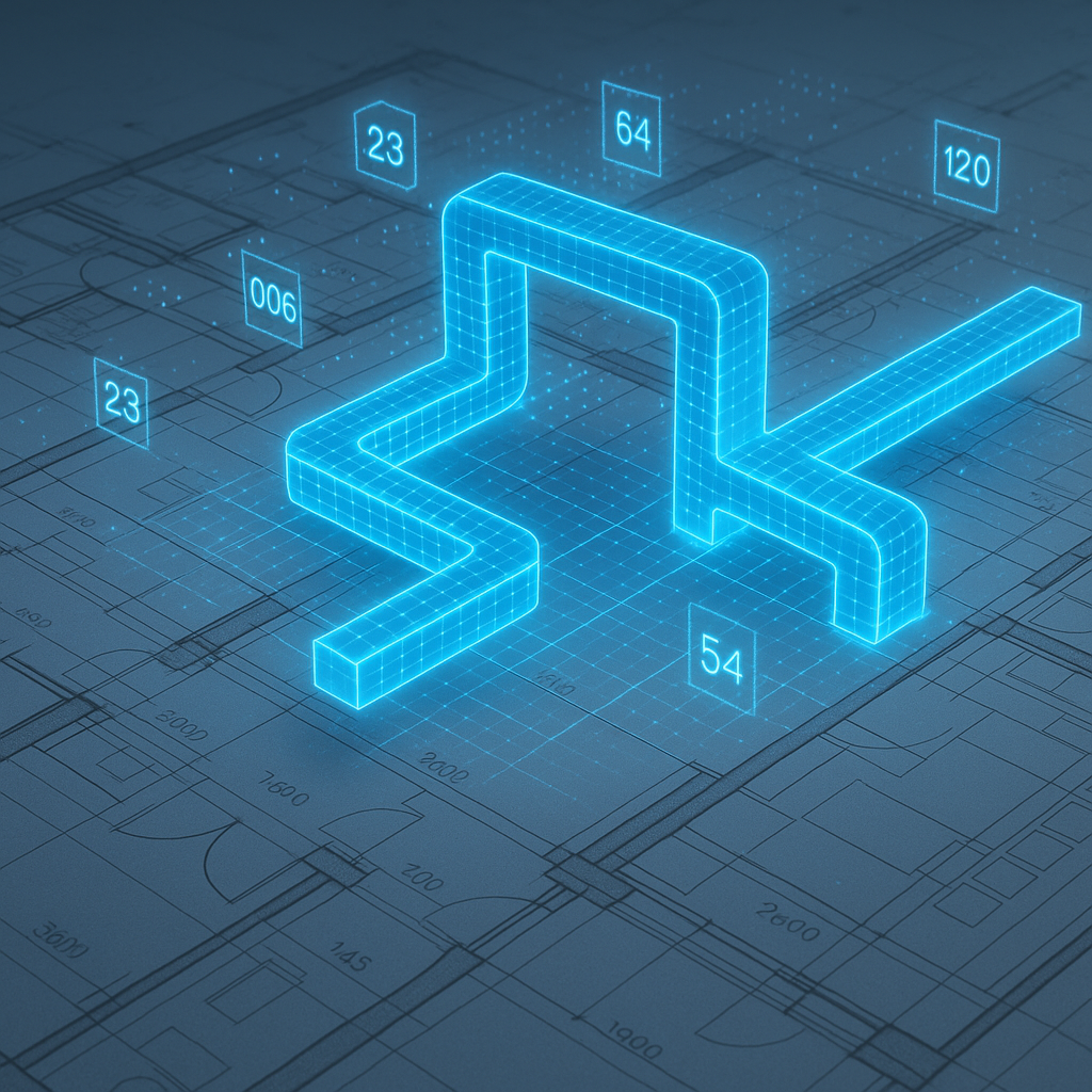 A construction site blueprint overlaid with digital AI analysis, highlighting ducting and material quantities in glowing...
