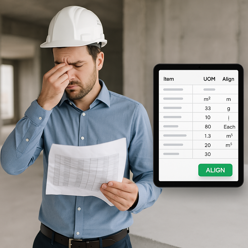 A frustrated construction site manager holding a mismatched BOQ printout, with digital UOM alignment tools displayed on...