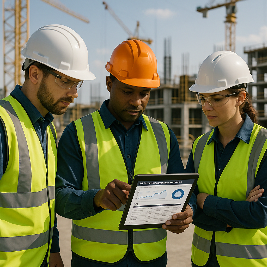 A modern construction site showing an MEP subcontractor team reviewing an AI-powered estimation dashboard on a tablet, w...