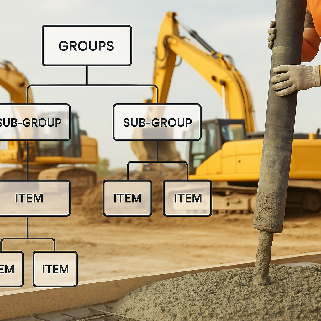 A detailed illustration showing a BOQ tree structure with labeled hierarchy (groups, sub-groups, items), overlaid with c...