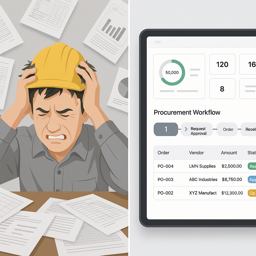 A stressed contractor surrounded by papers and spreadsheets, contrasted with a clean, modern ERP dashboard showing procu...