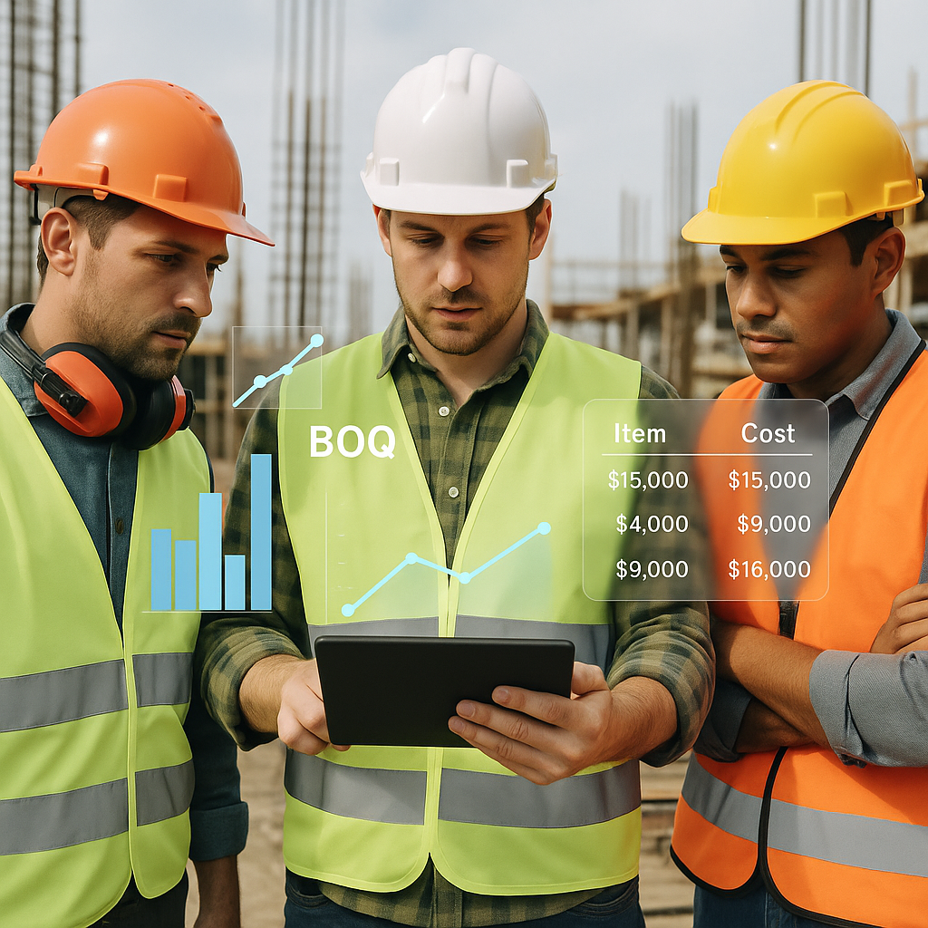 A construction site with workers reviewing a digital BOQ on a tablet, with visible graphs and cost data overlays.