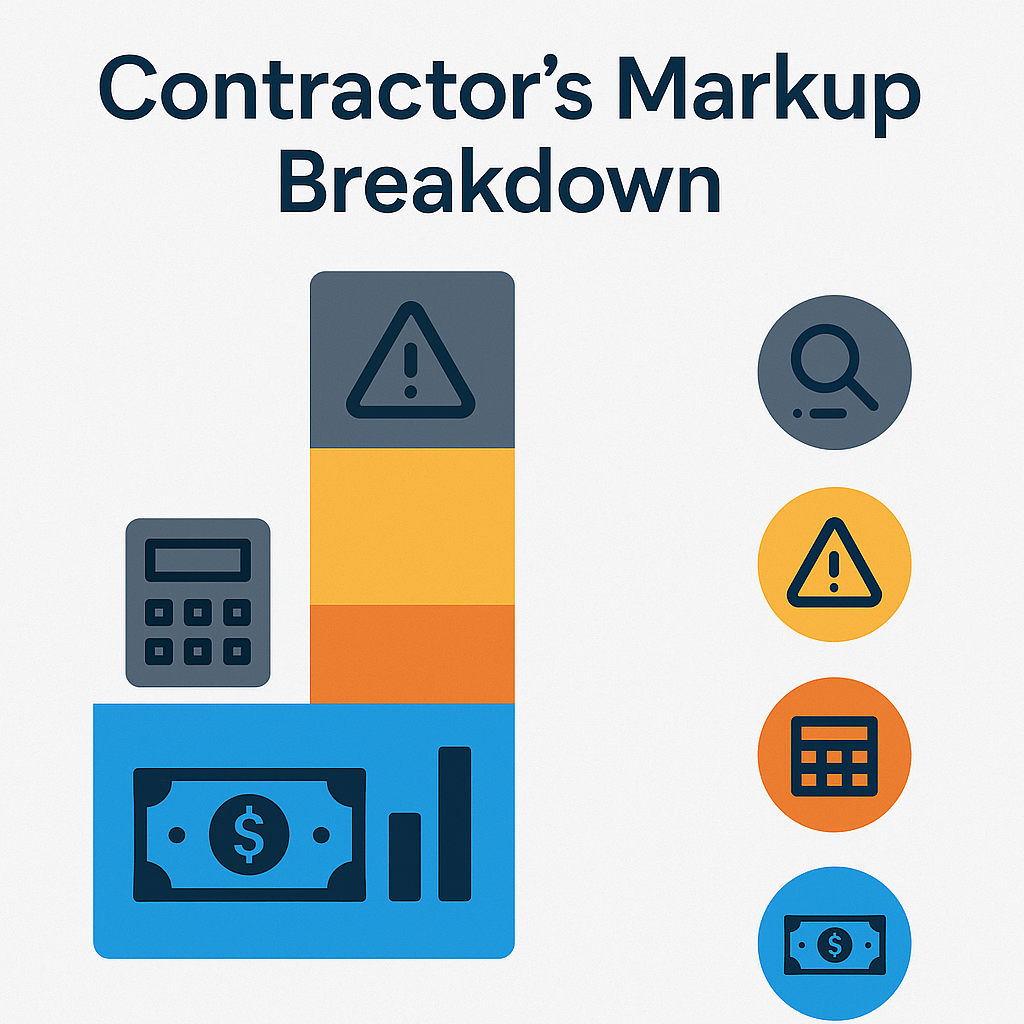 An infographic-style image showing a contractor's markup breakdown with sections for direct costs, overheads, risk margi...
