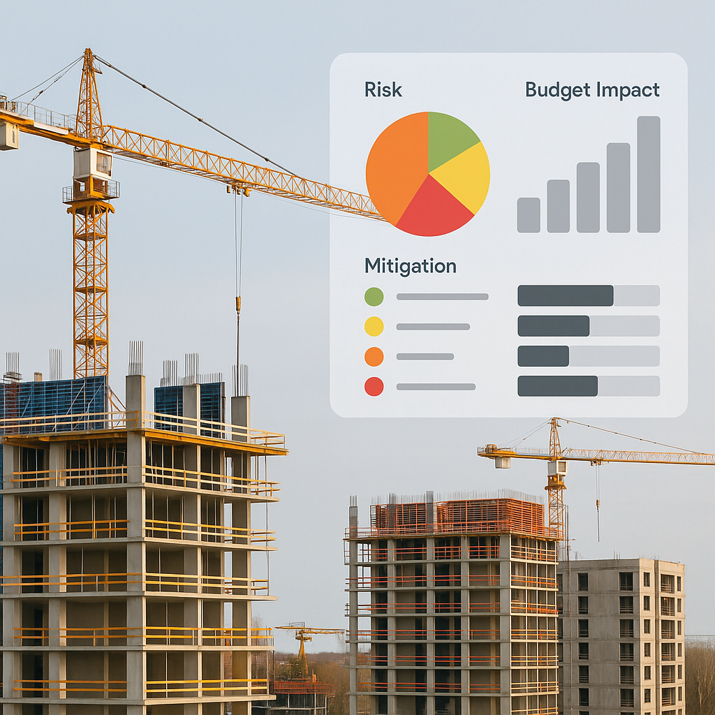 A construction site with a digital dashboard overlaid, showing risk categories, budget impacts, and mitigation statuses.