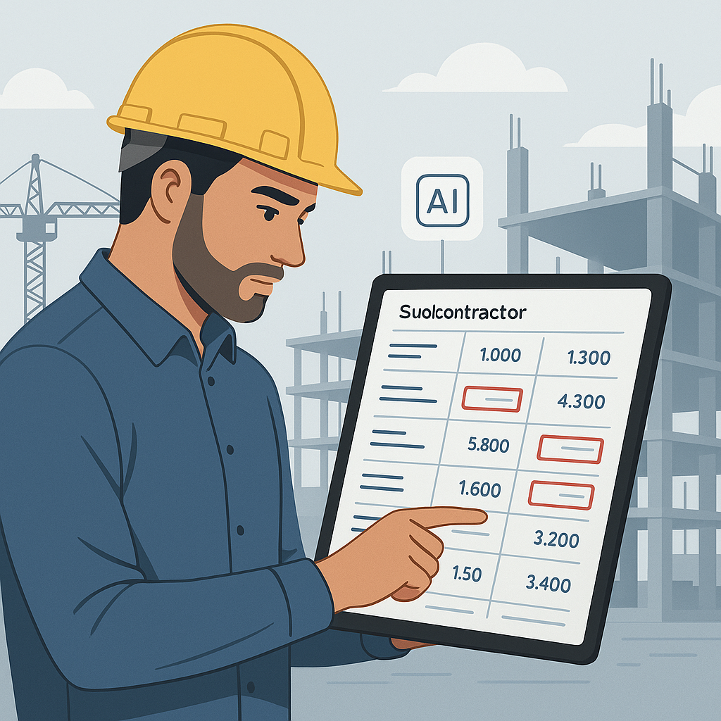 A construction project manager reviewing AI-generated bid comparisons on a tablet, with highlighted discrepancies betwee...