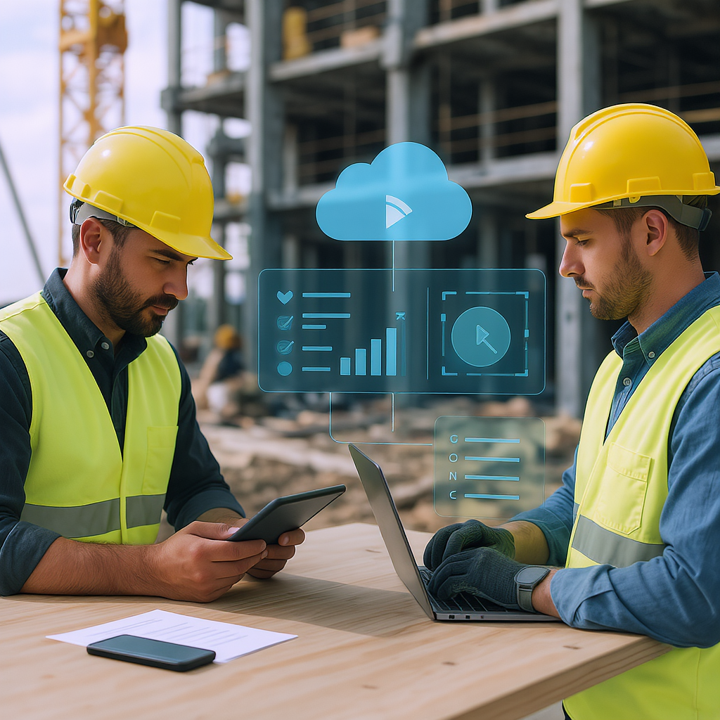 A modern construction site with workers using tablets and laptops connected to the cloud, showcasing a digital interface...