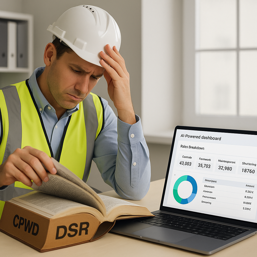 A construction QS flipping through a large CPWD DSR book in frustration, contrasted with a modern AI-powered dashboard s...