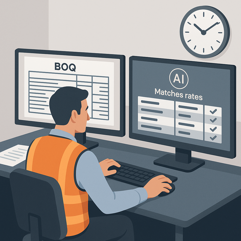 A construction estimator sitting at a desk with multiple screens, one showing a PDF of a BOQ and another showing an AI s...