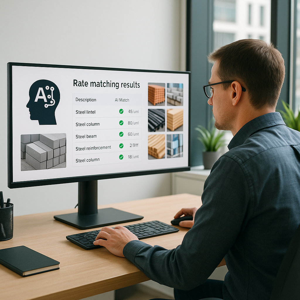 A construction estimator working at a desk with AI software on their screen, showing rate matching results — modern offi...