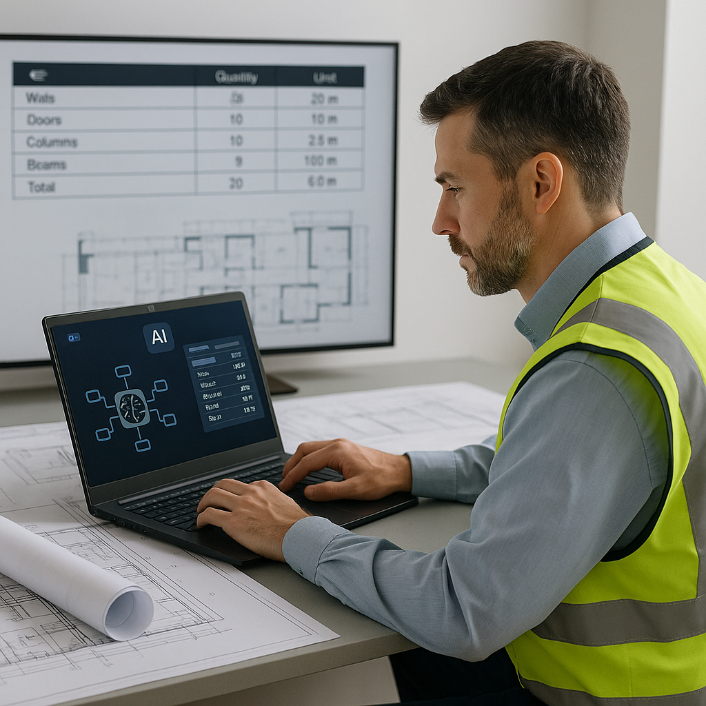A construction estimator working on a laptop with AI-powered software, surrounded by blueprints and a large digital scre...