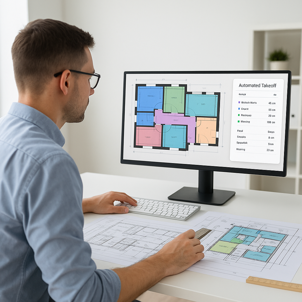 A construction estimator at a desk with both traditional tools (printed plans, ruler) and AI-powered software on a sleek...