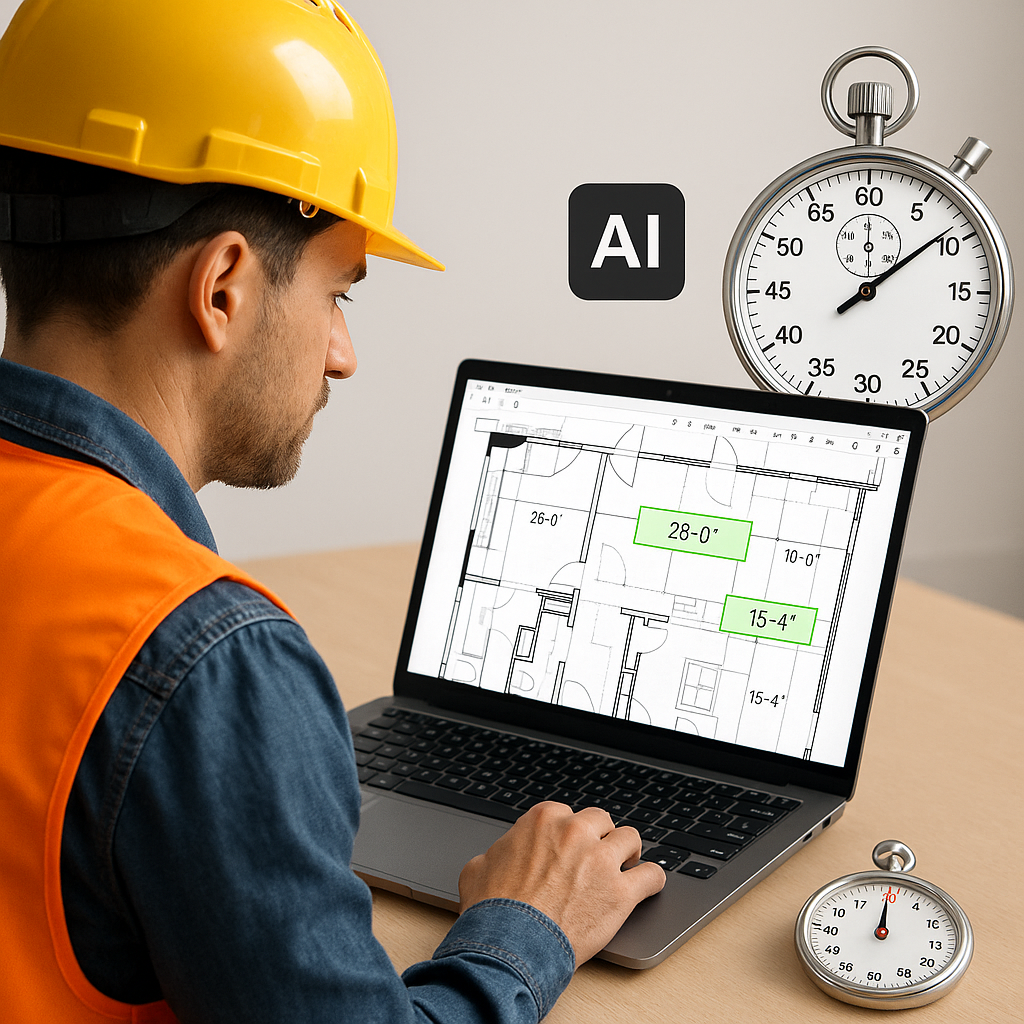 A construction estimator using AI software on a laptop, with a PDF drawing open on the screen and highlighted measuremen...